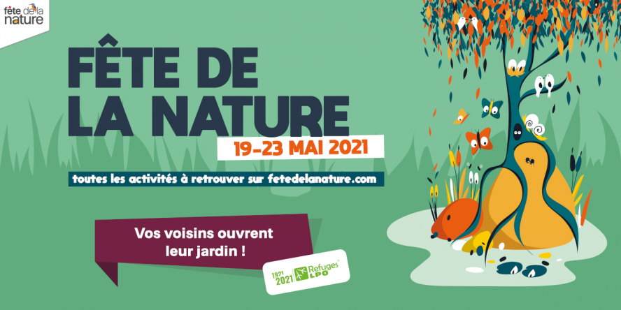 Visuel officiel de la 15ème édition de la fête de la nature estampillé vos voisins ouvrent leur jardin en écho au centenaire